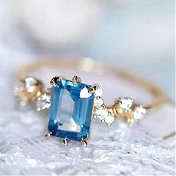 Luxury Gold Vermeil Emerald Cut Blue Topaz Engagement Ring - Picture 2 of 5